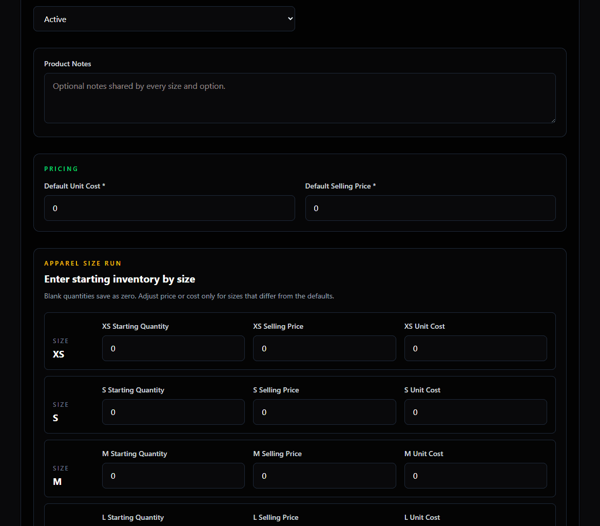 GigCommand apparel entry screen for adding a full XS through 5XL shirt size run.