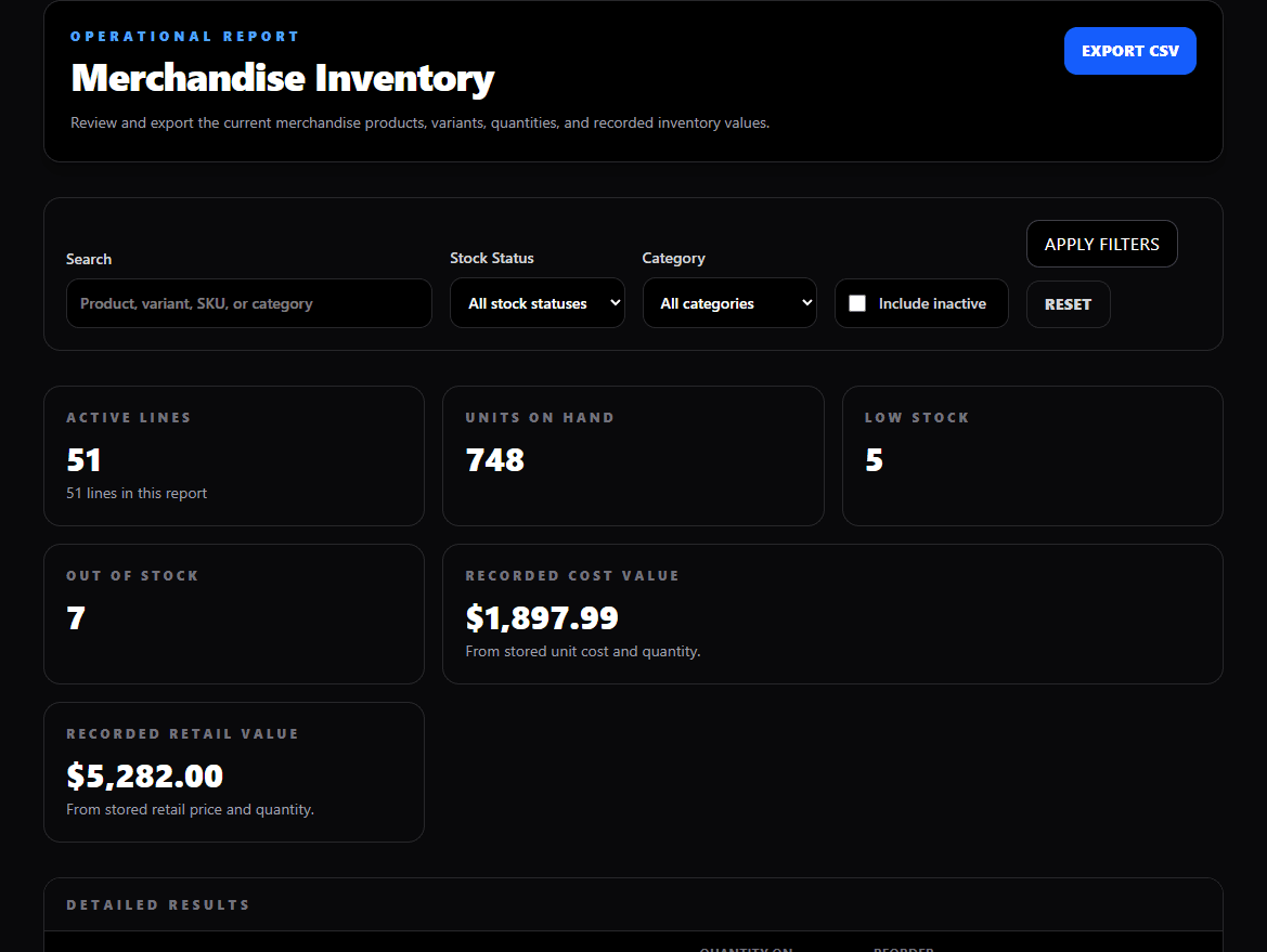 GigCommand merchandise inventory report with stock and value summaries.