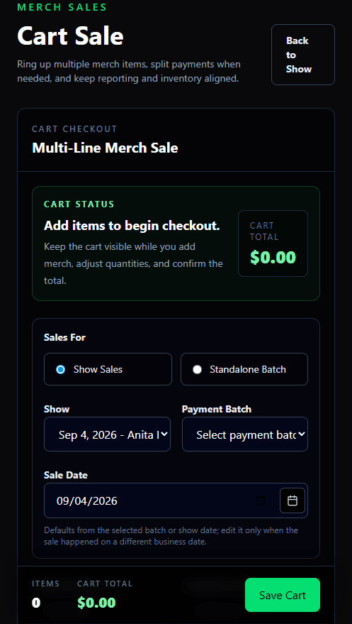 GigCommand Cart Sale screen with merchandise selections and checkout total.
