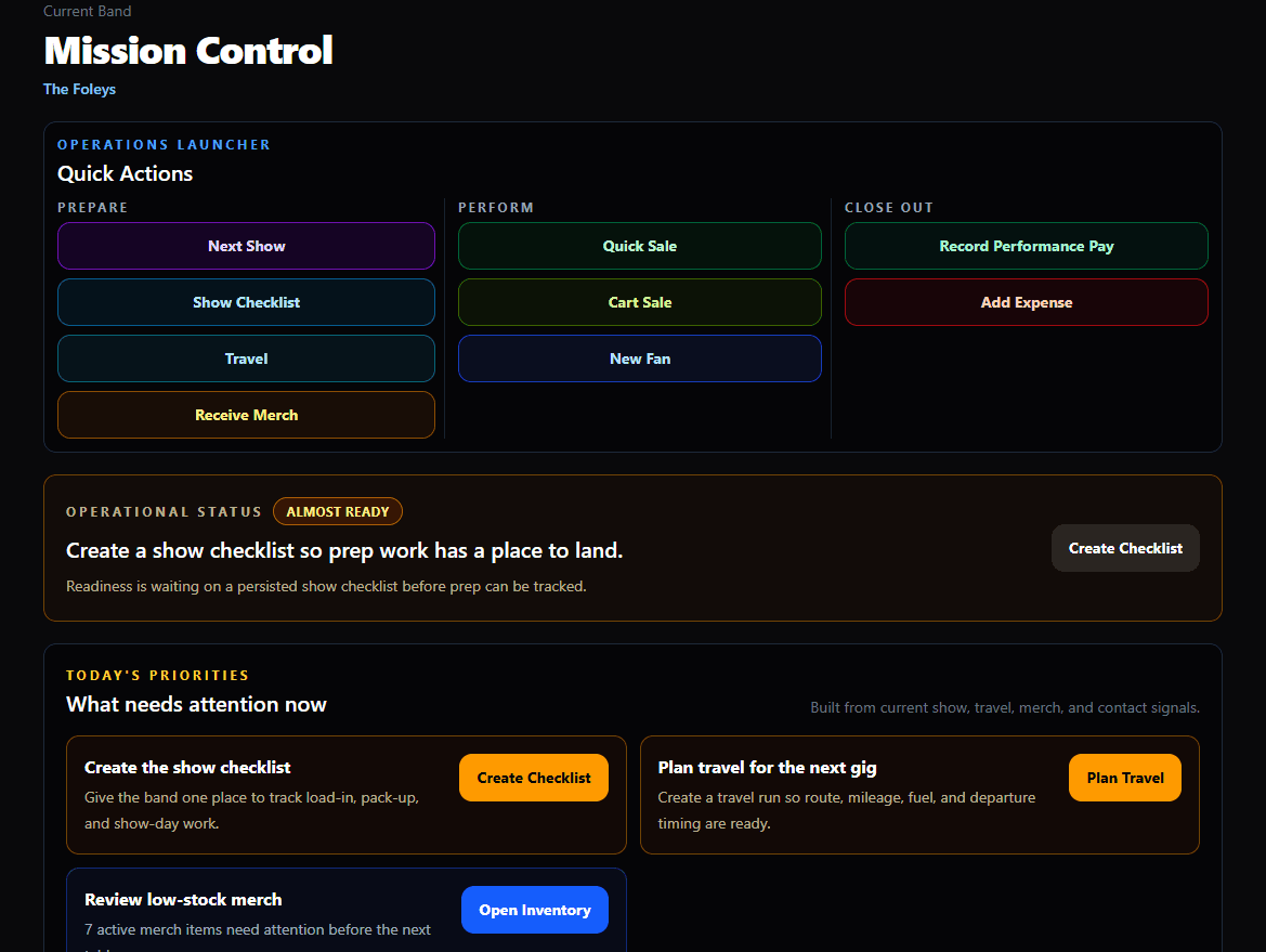 GigCommand Mission Control showing quick actions, operational status, priorities, and upcoming show context.