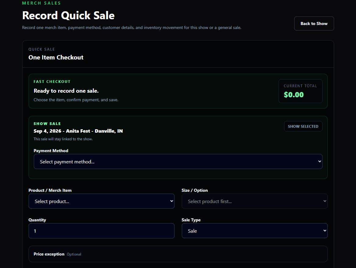 GigCommand Quick Sale screen for show-scoped merchandise sales.