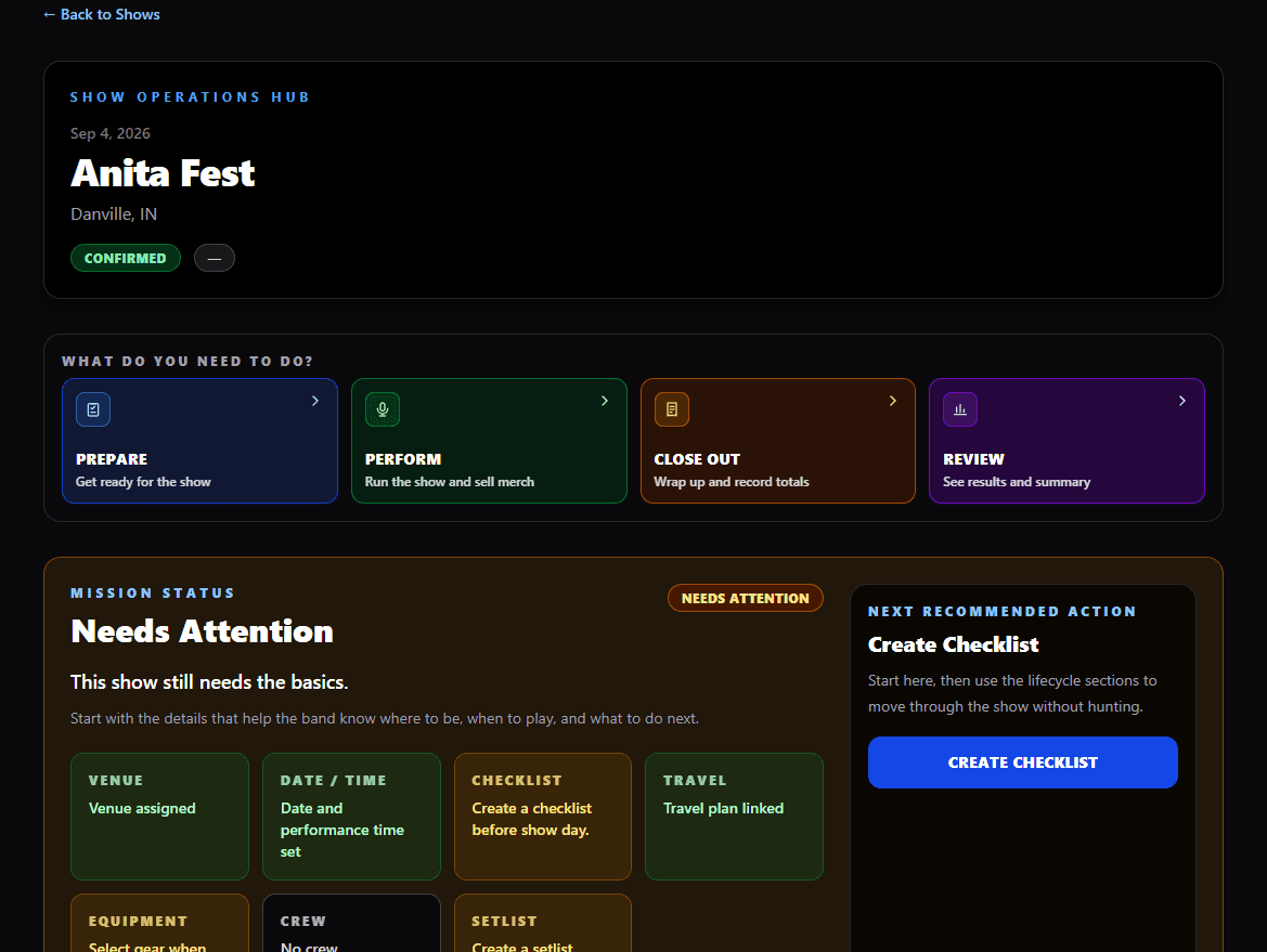 GigCommand show detail page with operational phase navigation and preparation tools.
