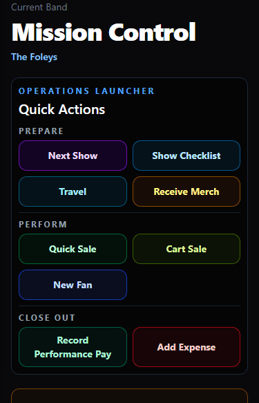 Mobile GigCommand Mission Control with quick actions and current priorities.