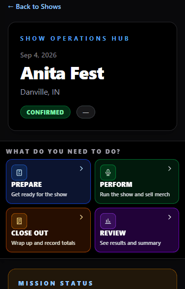 Mobile GigCommand show detail with operational show context.
