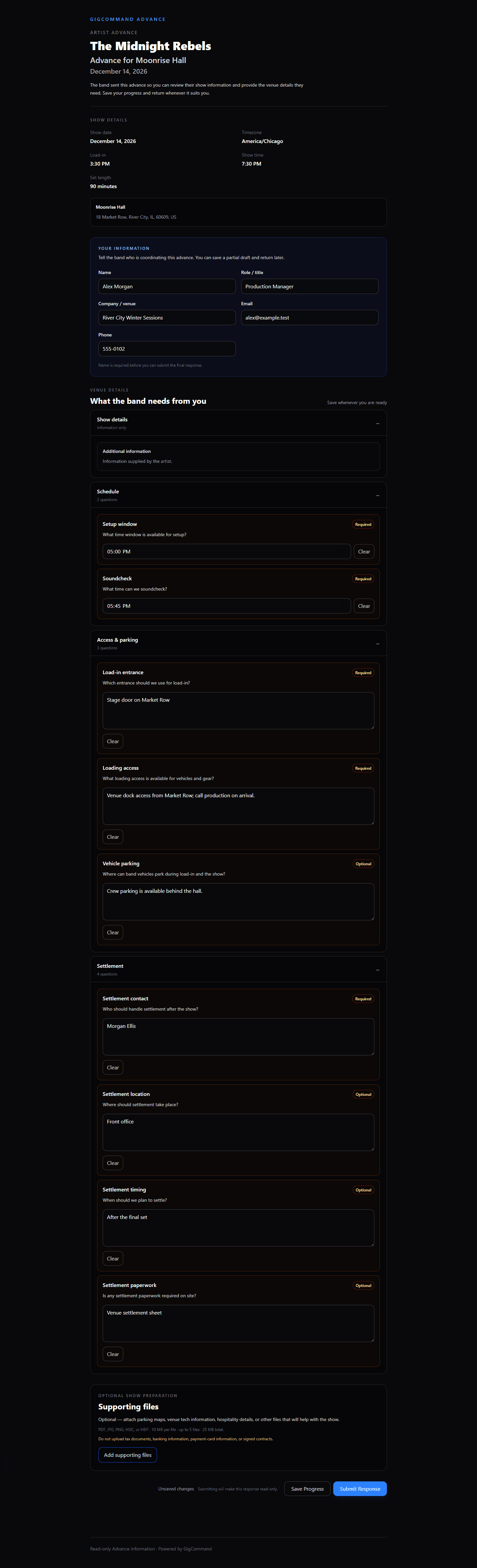 Digital Advance recipient response screen showing a venue or promoter answering show questions.
