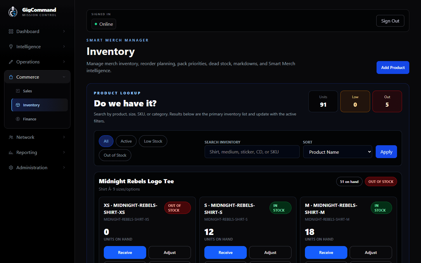 GigCommand merchandise inventory with products, quantities, and stock visibility.