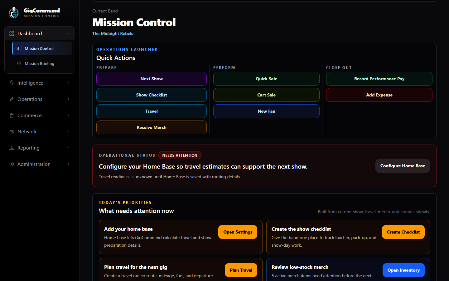 GigCommand Mission Control showing an upcoming show, quick actions, priorities, and operational context.