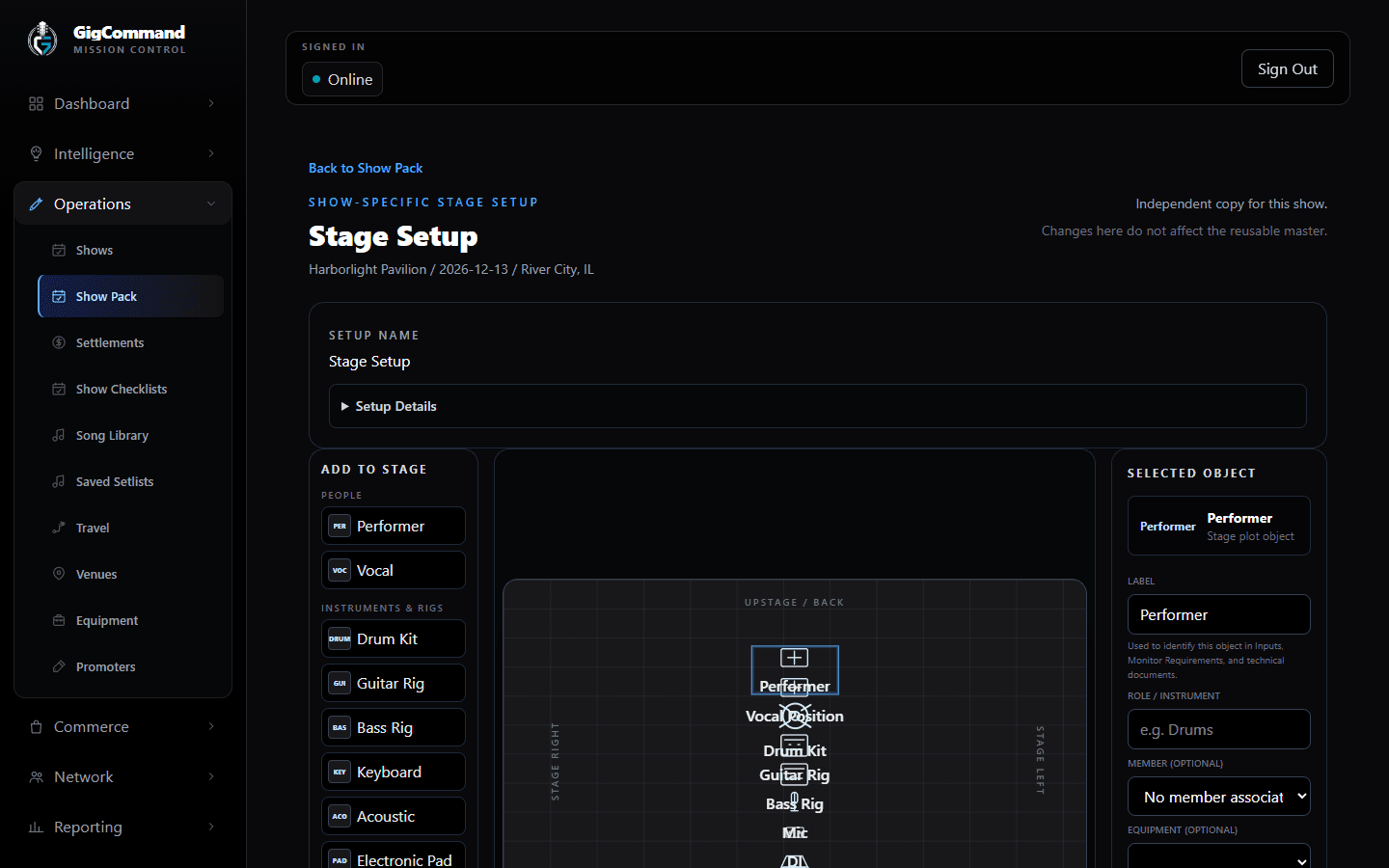 Configured GigCommand Stage Setup with stage plot and technical information ready for the show.